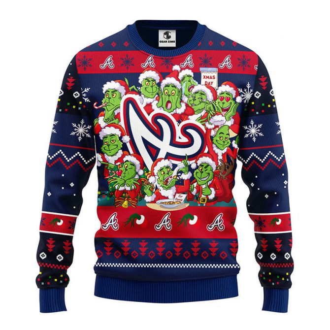 Atlanta Braves 12 Grinch Xmas Day Ugly Christmas Sweater, Grinch Xmas Sweater, MLB Ugly Sweater