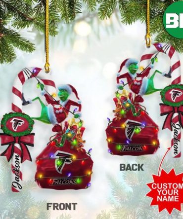 Atlanta Falcons NFL Custom Name x Grinch Candy Cane Christmas Xmas Gift Tree Decorations Ornament