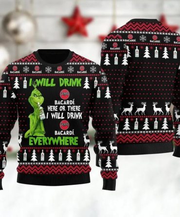 Bacardi Grinch Will Drink Everywhere Ugly Sweater, Grinch Holiday Sweater