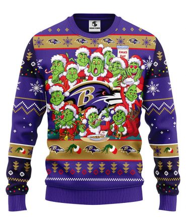 Baltimore Ravens 12 Grinch Xmas Day Ugly Christmas Sweater, Grinch Xmas Sweater