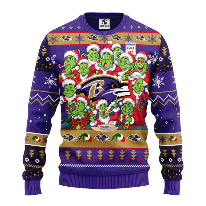 Baltimore Ravens 12 Grinch Xmas Day Ugly Christmas Sweater, Grinch Xmas Sweater