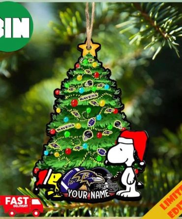 Baltimore Ravens Customized Your Name Snoopy And Peanut Ornament Christmas Gifts For NFL Fans
