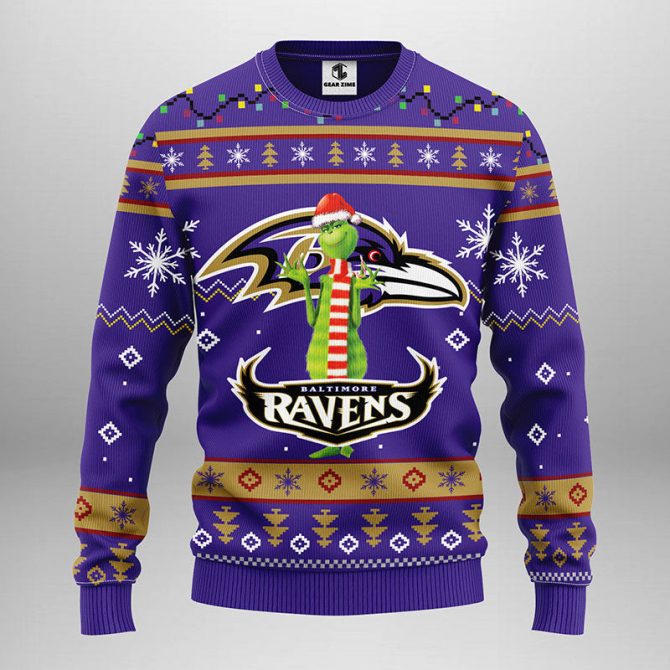 Baltimore Ravens Funny Grinch Ugly Christmas Sweater, Grinch Xmas Sweater