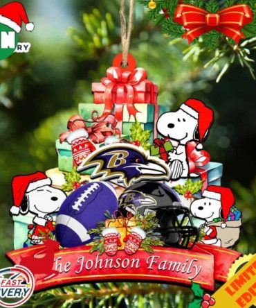 Baltimore Ravens Snoopy And NFL Sport Ornament Personalized Your Family Name