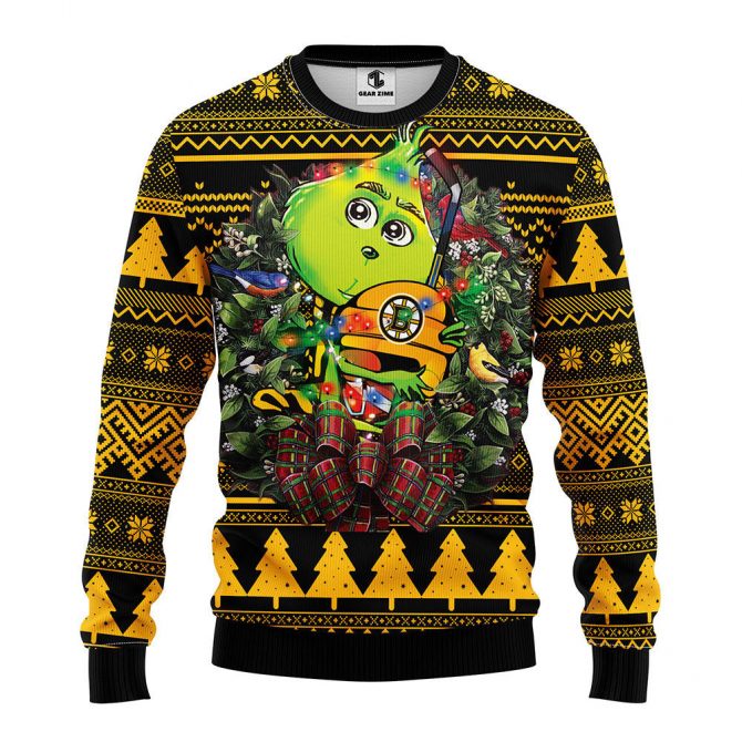 Boston Bruins Grinch Hug Ugly Christmas Sweater, Grinch Xmas Sweater