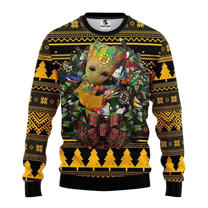 Boston Bruins Groot Hug Ugly Christmas Sweater, NHL Christmas Sweater