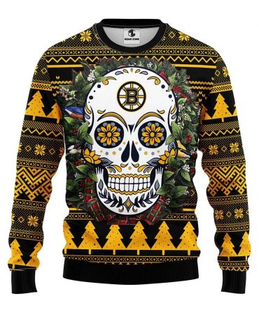 Boston Bruins Skull Flower Ugly Christmas Sweater, NHL Christmas Sweater