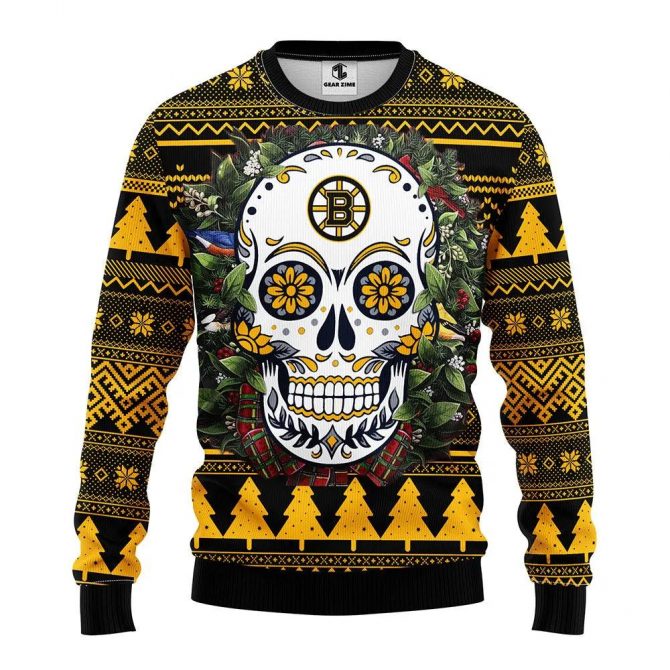Boston Bruins Skull Flower Ugly Christmas Sweater, NHL Christmas Sweater