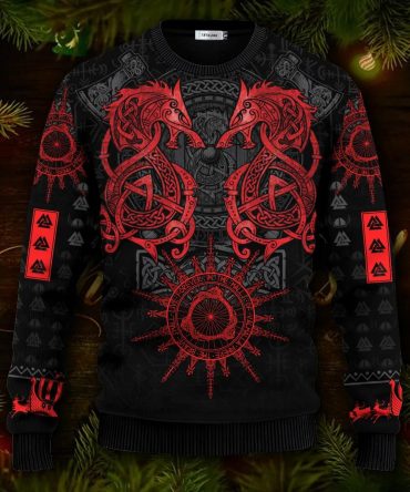 Dragon Red Pattern Viking Ugly Christmas Sweater