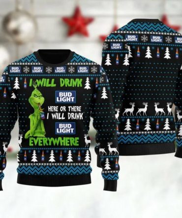 Bud Light Grinch Will Drink Everywhere Ugly Sweater, Grinch Holiday Sweater