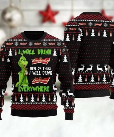 Budweiser Grinch Will Drink Everywhere Ugly Sweater, Grinch Holiday Sweater