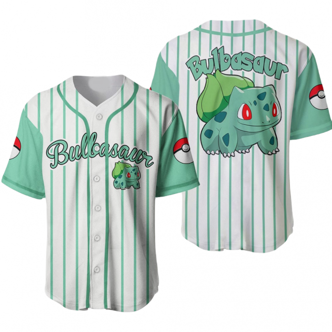 Bulbasaur Baseball Jersey - Stylish Green Striped Anime Fan Shirt For Kids & Adults