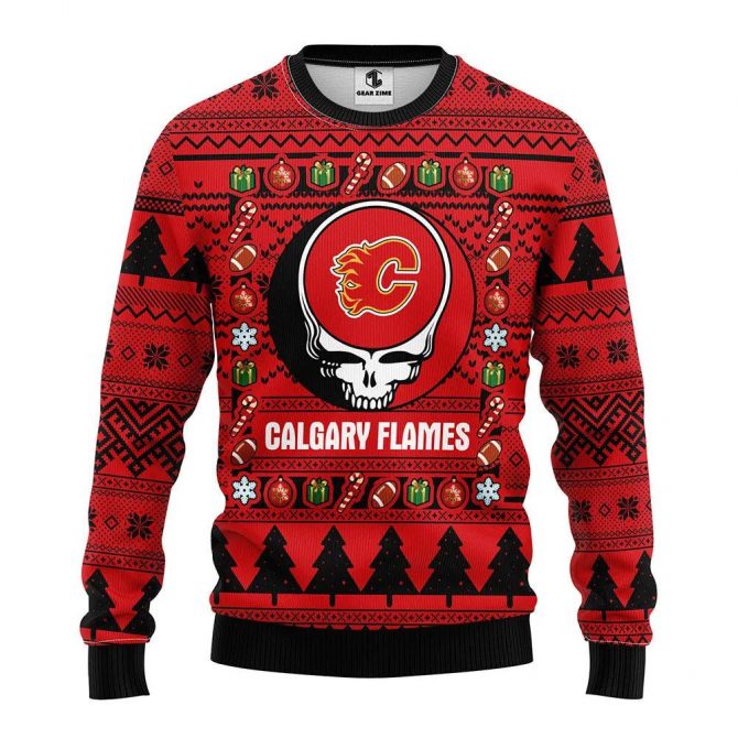 Calgary Flames Grateful Dead Ugly Christmas Sweater, NHL Christmas Sweater