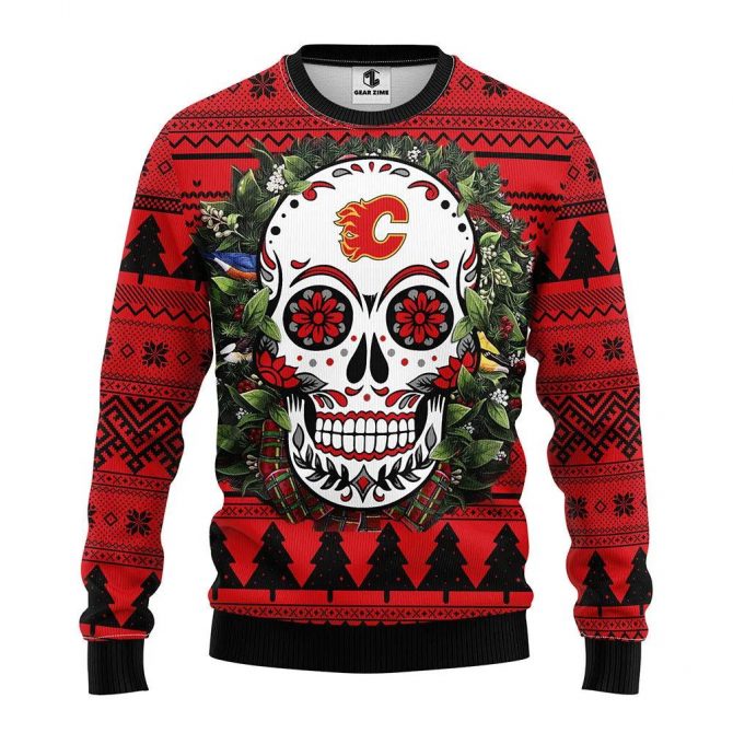 Calgary Flames Skull Flower Ugly Christmas Sweater, NHL Christmas Sweater