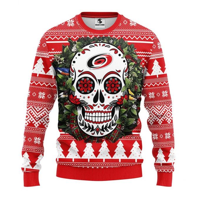 Carolina Hurricanes Skull Flower Ugly Christmas Sweater, NHL Christmas Sweater