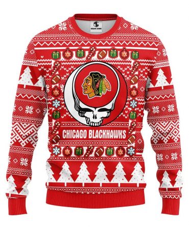Chicago Blackhawks Grateful Dead Ugly Christmas Sweater, NHL Christmas Sweater