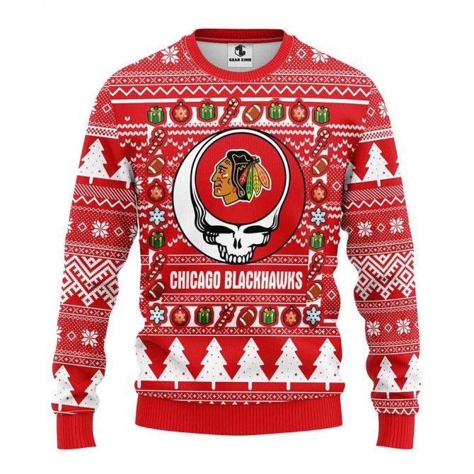 Chicago Blackhawks Grateful Dead Ugly Christmas Sweater, NHL Christmas Sweater