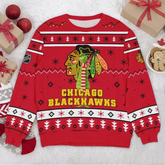 Chicago Blackhawks Grinch NHL Ugly Christmas Sweater, NHL Christmas Sweater