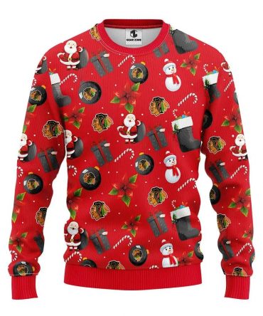 Chicago Blackhawks Santa Claus Snowman Ugly Christmas Sweater, NHL Christmas Sweater