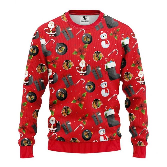Chicago Blackhawks Santa Claus Snowman Ugly Christmas Sweater, NHL Christmas Sweater