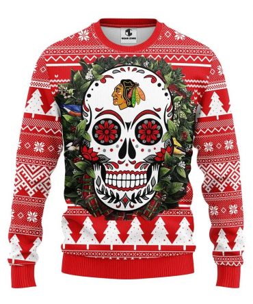 Chicago Blackhawks Skull Flower Ugly Christmas Sweater, NHL Christmas Sweater