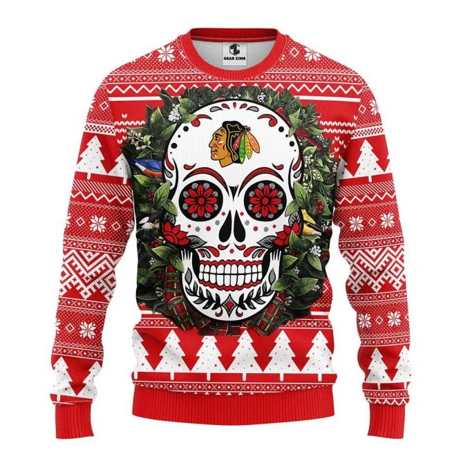 Chicago Blackhawks Skull Flower Ugly Christmas Sweater, NHL Christmas Sweater