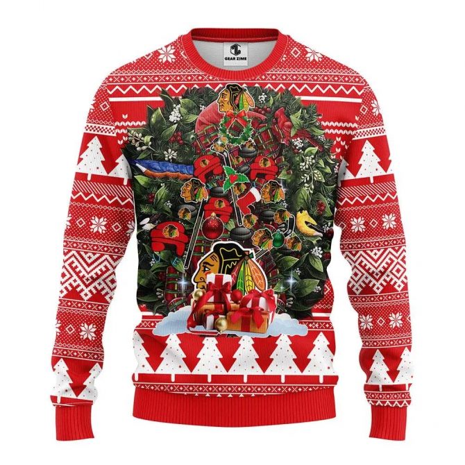 Chicago Blackhawks Tree Ball Christmas Ugly Christmas Sweater, NHL Christmas Sweater