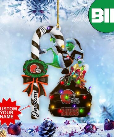 Cleveland Browns NFL x Grinch Custom Name Christmas Tree Decorations Candy Cane Ornament