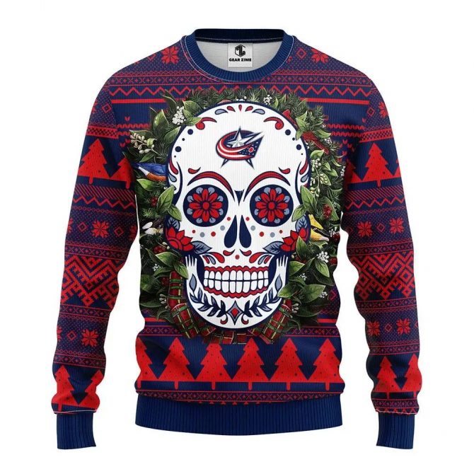 Columbus Blue Jackets Skull Flower Ugly Christmas Sweater, NHL Christmas Sweater