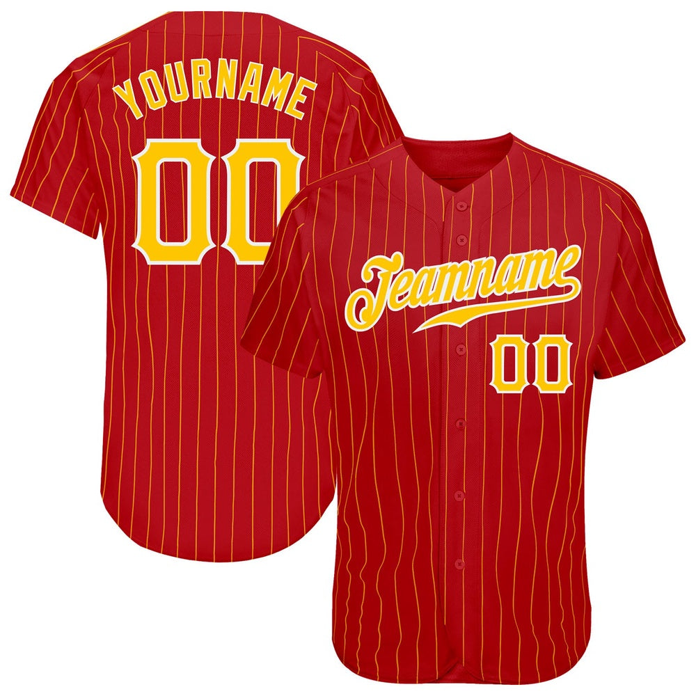 Cool Baseball Jersey, Custom Red Gold Pinstripe Gold White Authentic Baseball Jersey, Best Baseball Jerseys
