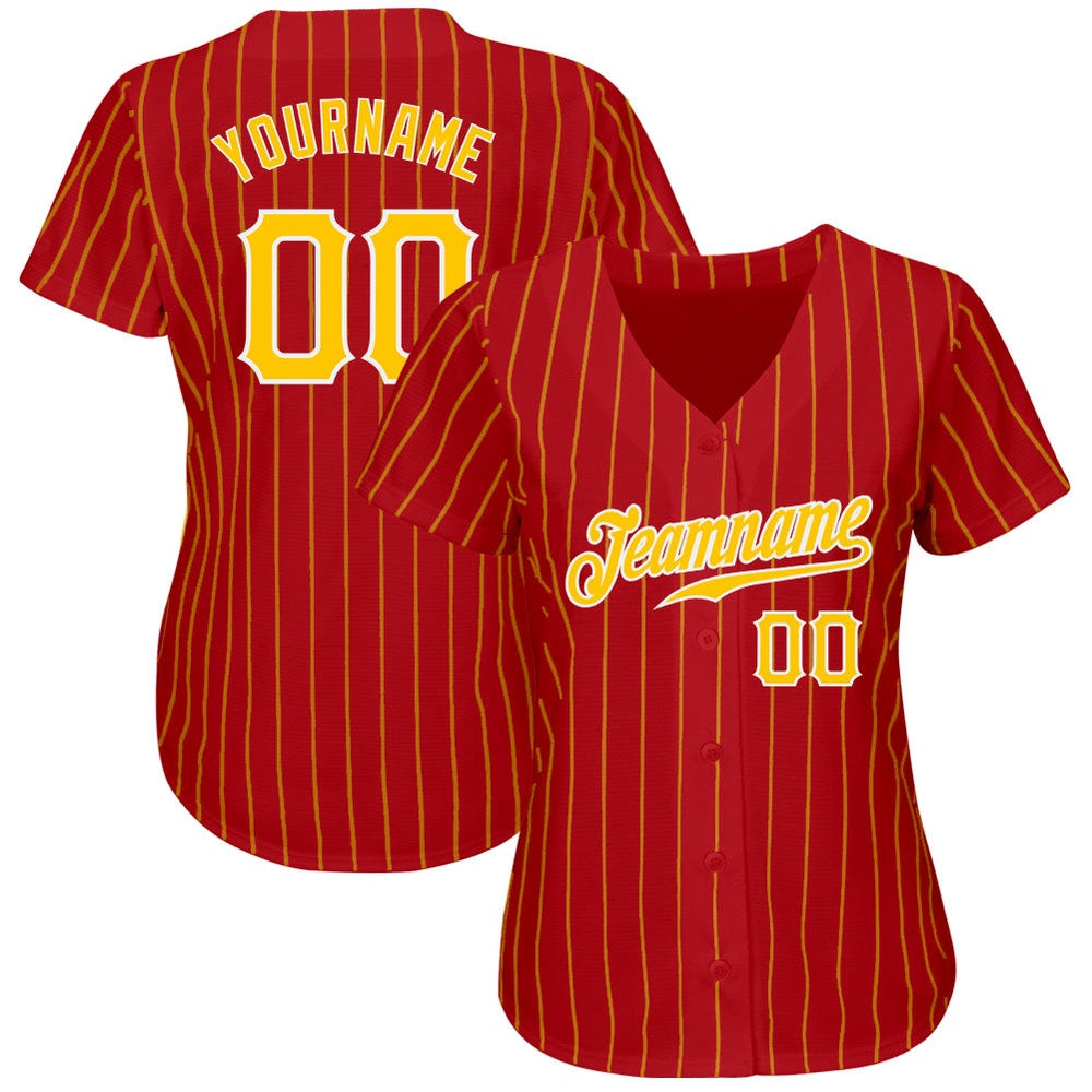 Cool Baseball Jersey, Custom Red Gold Pinstripe Gold White Authentic Baseball Jersey, Best Baseball Jerseys - Image 2