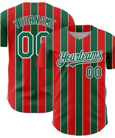 Cool Baseball Jersey, Custom Red Kelly Green White 3D Pattern Design Stripe Authentic Baseball Jersey, Best Baseball Jerseys