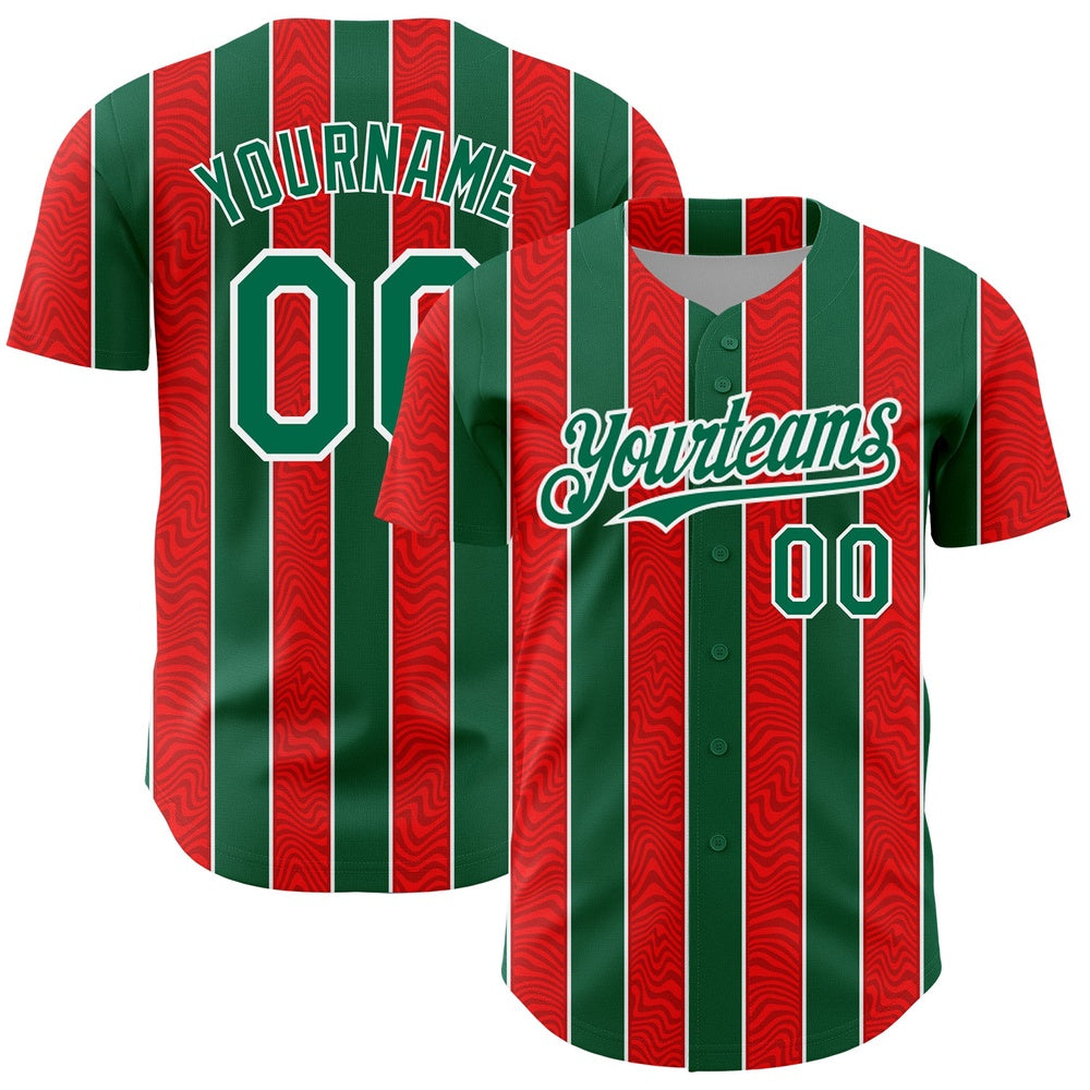 Cool Baseball Jersey, Custom Red Kelly Green White 3D Pattern Design Stripe Authentic Baseball Jersey, Best Baseball Jerseys