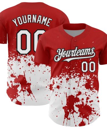Cool Baseball Jersey, Custom Red White Black 3D Pattern Design Abstract Splash Grunge Art Authentic Baseball Jersey