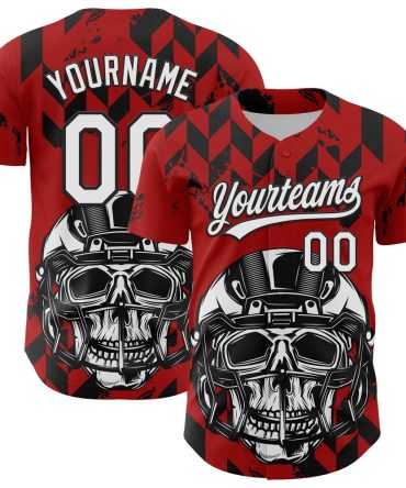 Cool Baseball Jersey, Custom Red White Black 3D Pattern Design Football Skull Helmet Authentic Baseball Jersey