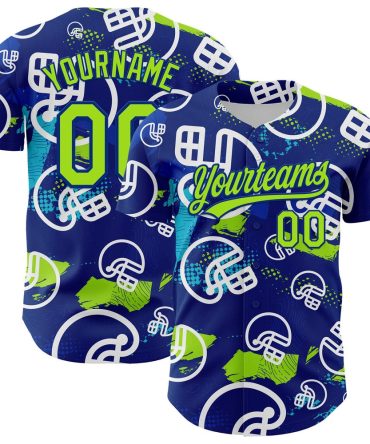 Cool Baseball Jersey, Custom Royal Neon Green White 3D Pattern Design Football Helmet Authentic Baseball Jersey