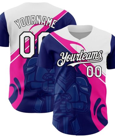Cool Baseball Jersey, Custom Royal Pink Black 3D Pattern Design Knight Hero Art Authentic Baseball Jersey