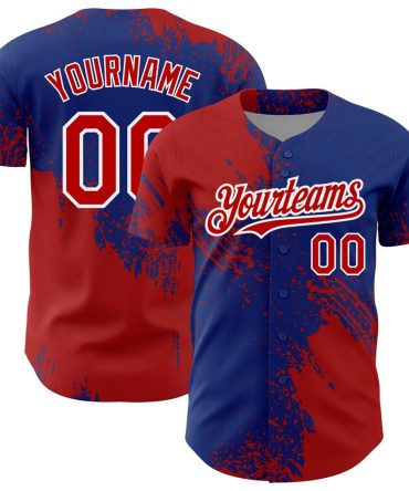 Cool Baseball Jersey, Custom Royal Red White 3D Pattern Design Abstract Brush Stroke Authentic Baseball Jersey