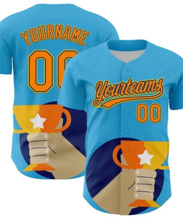Cool Baseball Jersey, Custom Sky Blue Bay Orange US Navy Blue Yellow 3D Pattern Design Champion Trophy Authentic Baseball Jersey