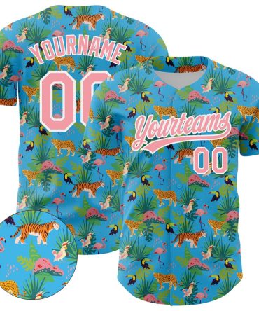Cool Baseball Jersey, Custom Sky Blue Medium Pink White Pattern Design Animal Tiger Leopard Flamingo And Hawaii Palm Leaves Authentic Baseball Jersey