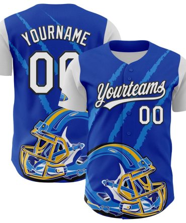 Cool Baseball Jersey, Custom Thunder Blue White Black 3D Pattern Design Football Helmet And Animal Claw Authentic Baseball Jersey