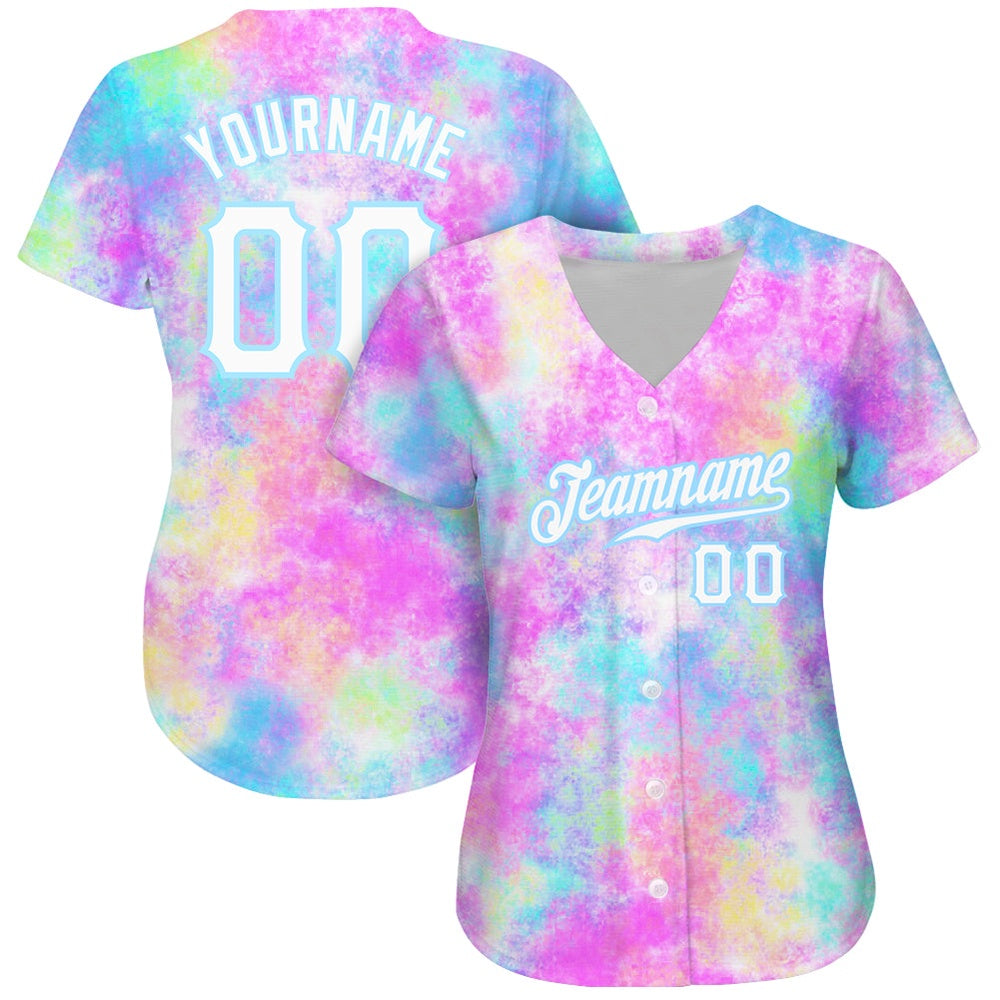Cool Baseball Jersey, Custom Tie Dye White Light Blue 3D Watercolor Gradient Authentic Baseball Jersey, Best Baseball Jerseys - Image 2