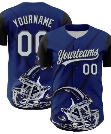 Cool Baseball Jersey, Custom US Navy Blue Silver Black 3D Pattern Design Football Helmet And Animal Claw Authentic Baseball Jersey