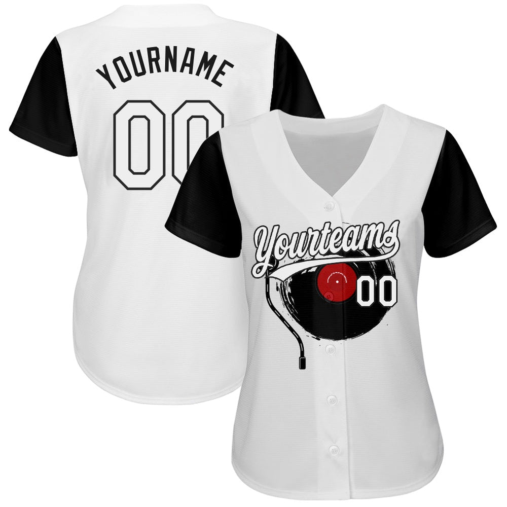 Cool Baseball Jersey, Custom White Black 3D Pattern Design Music Festival Vintage Vinyl Record Authentic Baseball Jersey - Image 2