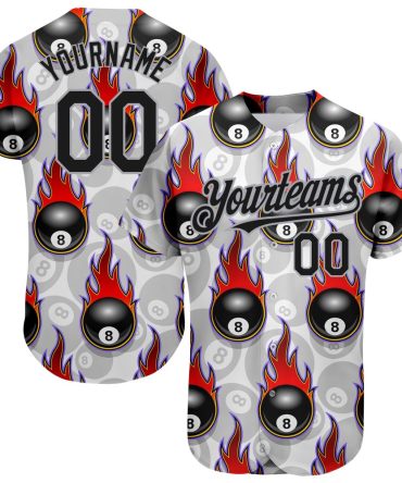 Cool Baseball Jersey, Custom White Black Gray 3D Pattern Design Flaming Billiards Snooker 8 Ball Authentic Baseball Jersey