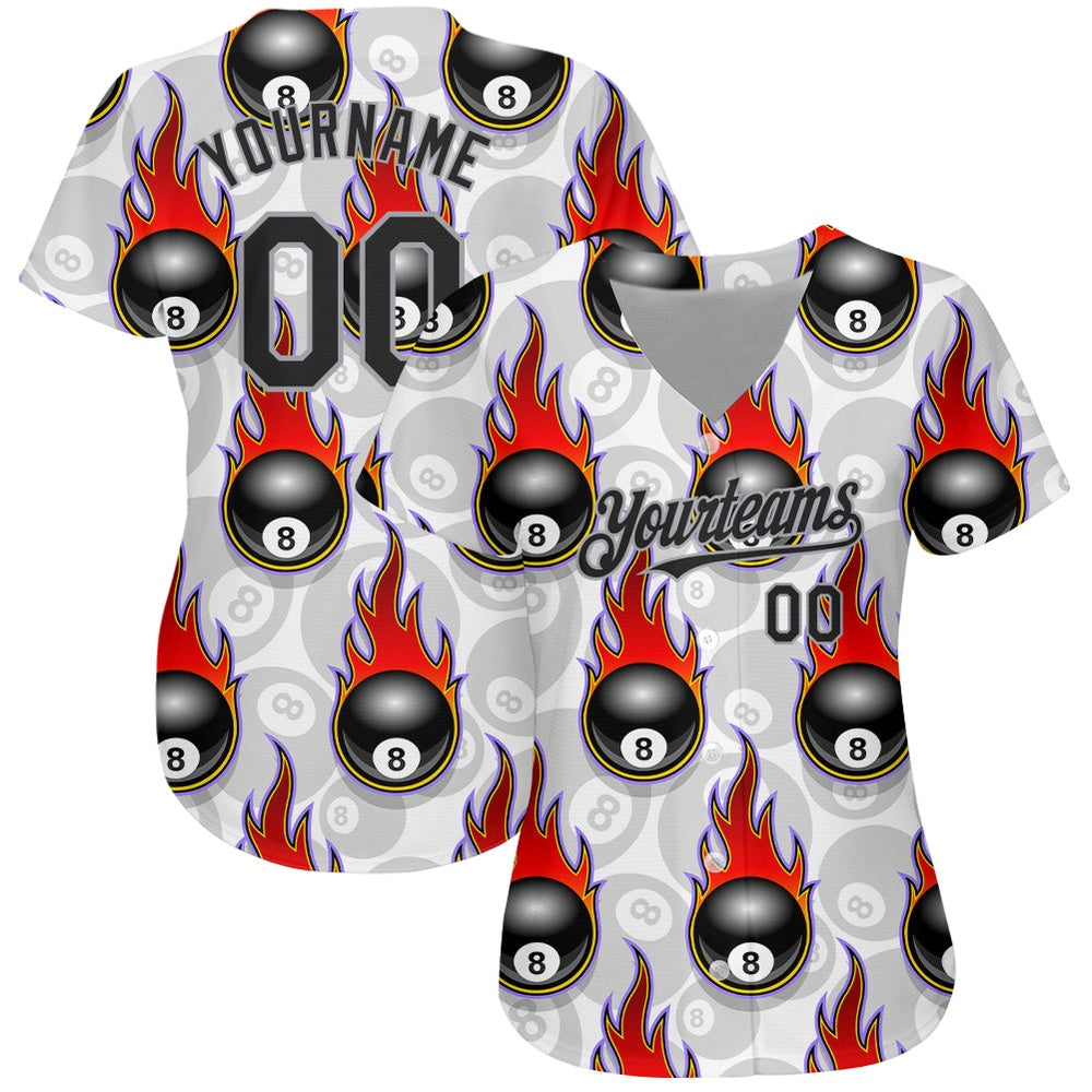 Cool Baseball Jersey, Custom White Black Gray 3D Pattern Design Flaming Billiards Snooker 8 Ball Authentic Baseball Jersey - Image 2
