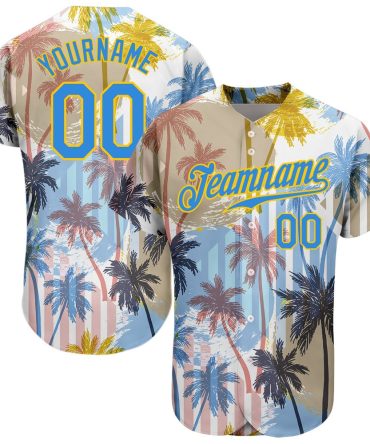 Cool Baseball Jersey, Custom White Electric Blue Yellow 3D Pattern Design Hawaii Coconut Palms Authentic Baseball Jersey