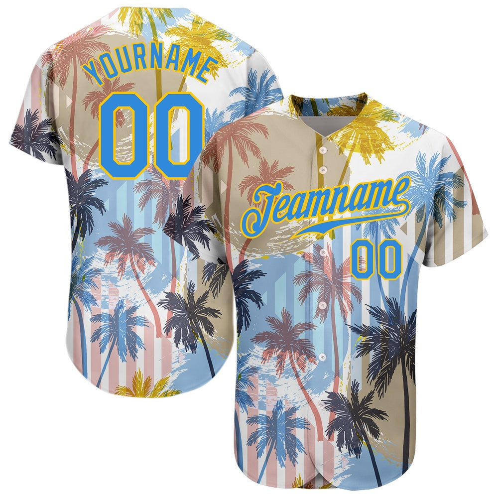 Cool Baseball Jersey, Custom White Electric Blue Yellow 3D Pattern Design Hawaii Coconut Palms Authentic Baseball Jersey