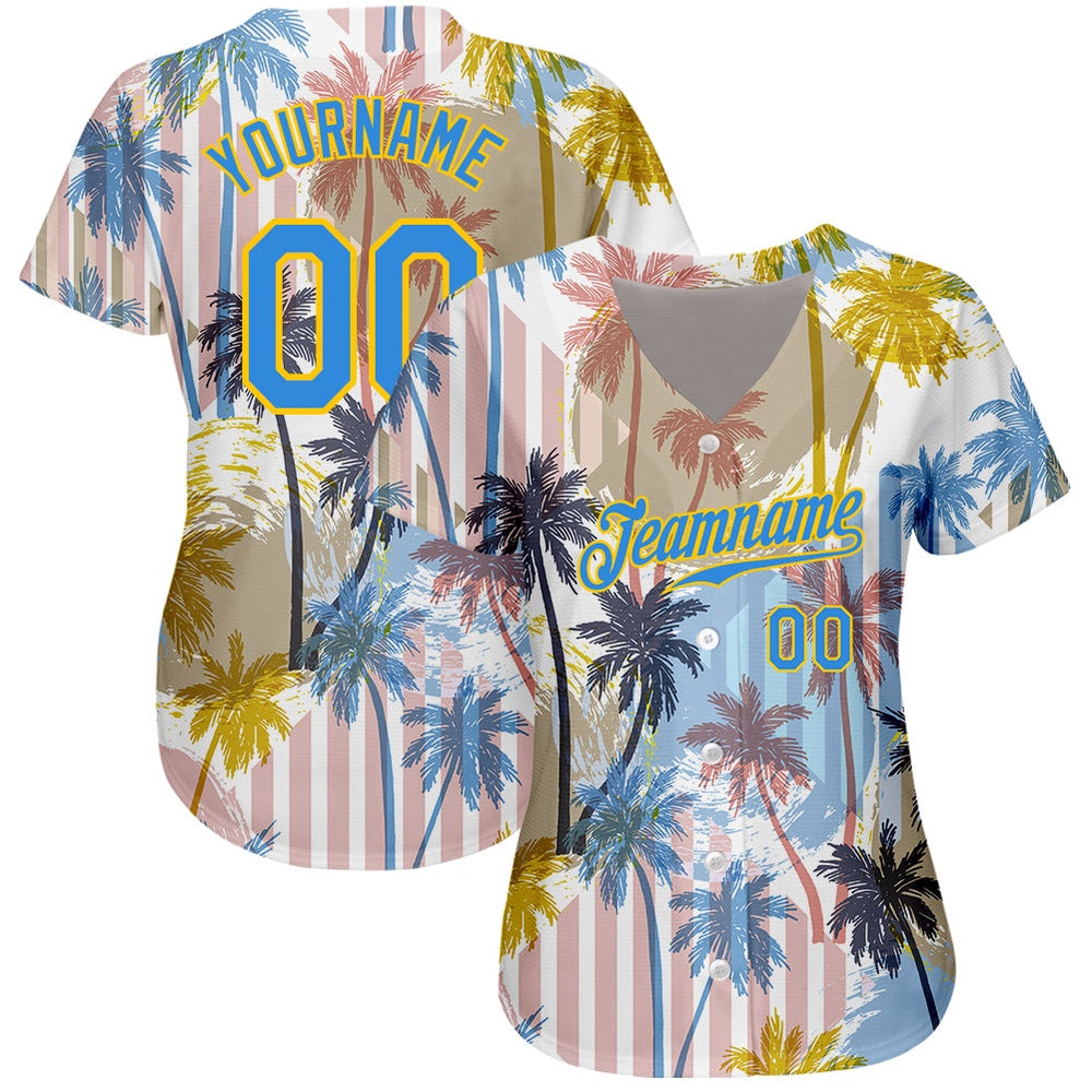 Cool Baseball Jersey, Custom White Electric Blue Yellow 3D Pattern Design Hawaii Coconut Palms Authentic Baseball Jersey - Image 2