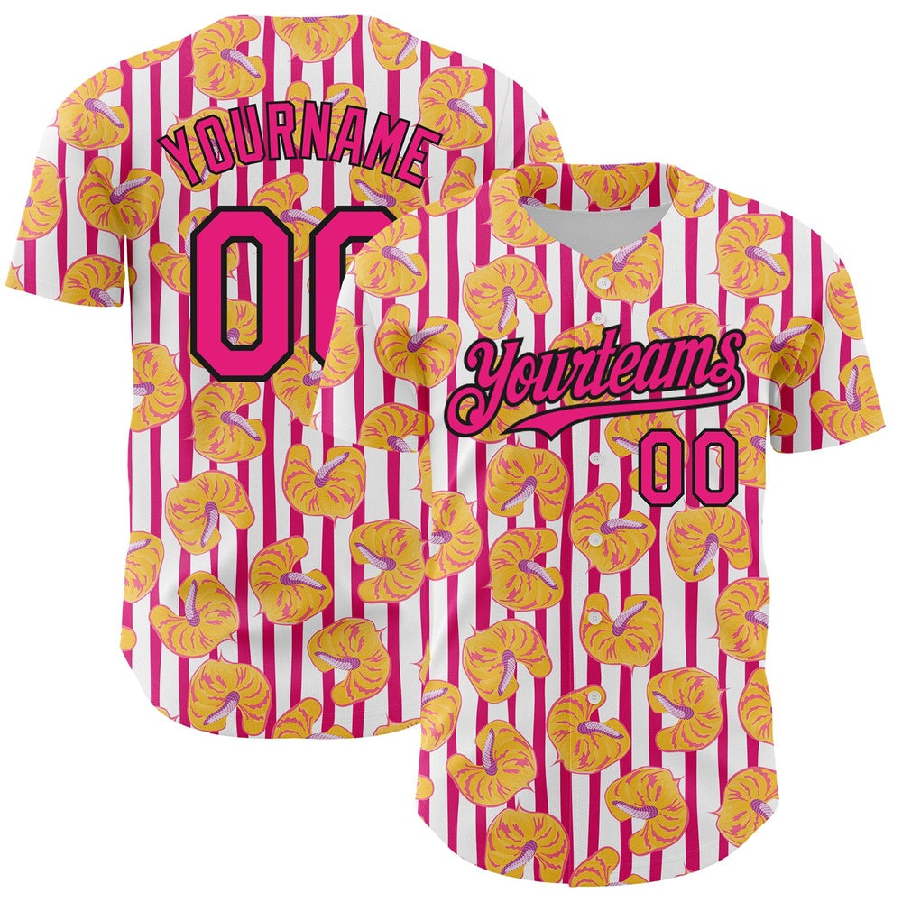 Cool Baseball Jersey, Custom White Hot Pink Black 3D Pattern Design Tropical Anthurium Flower Authentic Baseball Jersey